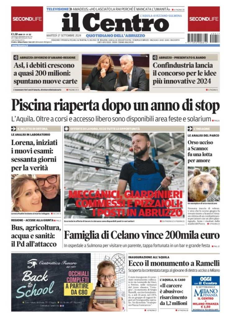 anteprima della prima pagina di il-centro-laquila del 17/09/2024
