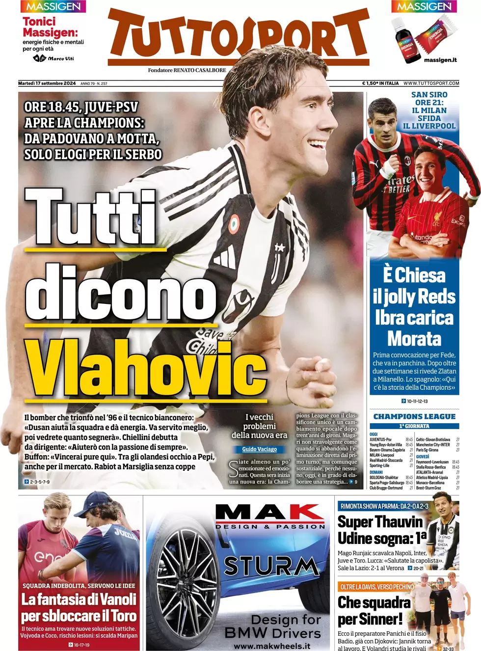 anteprima della prima pagina di tuttosport del 17/09/2024