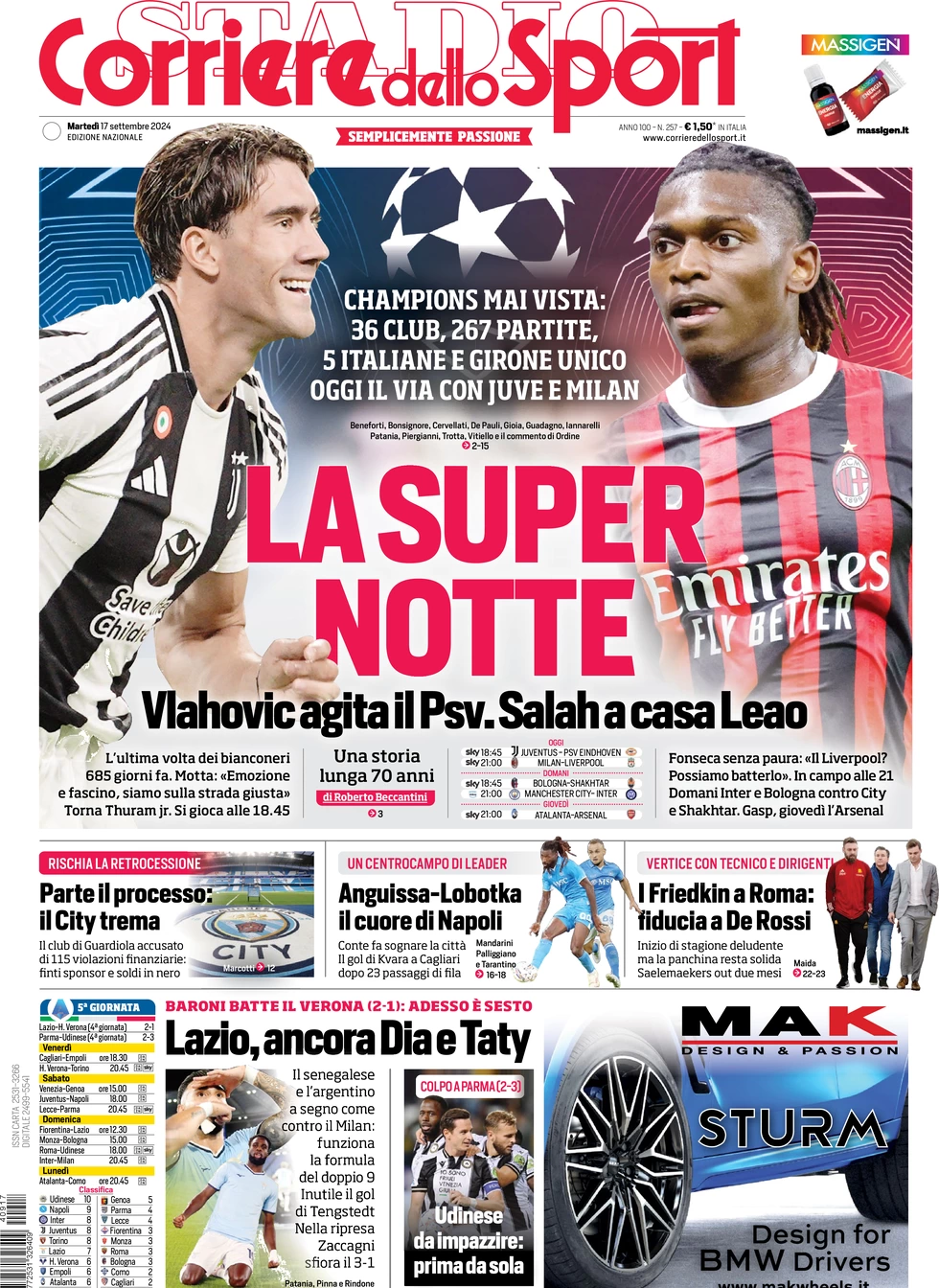 anteprima della prima pagina di corriere-dello-sport del 17/09/2024