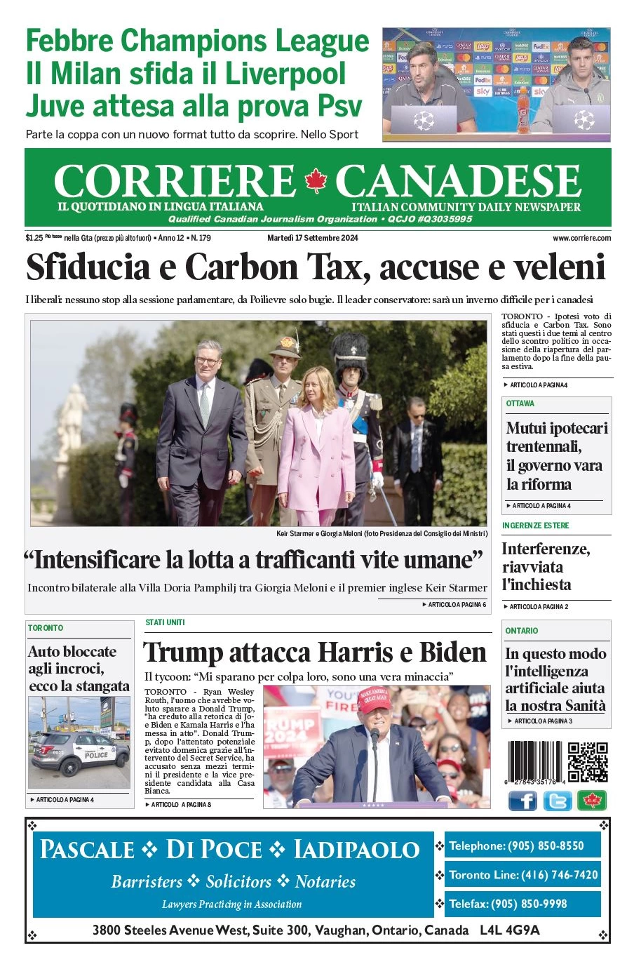 anteprima della prima pagina di corriere-canadese del 17/09/2024