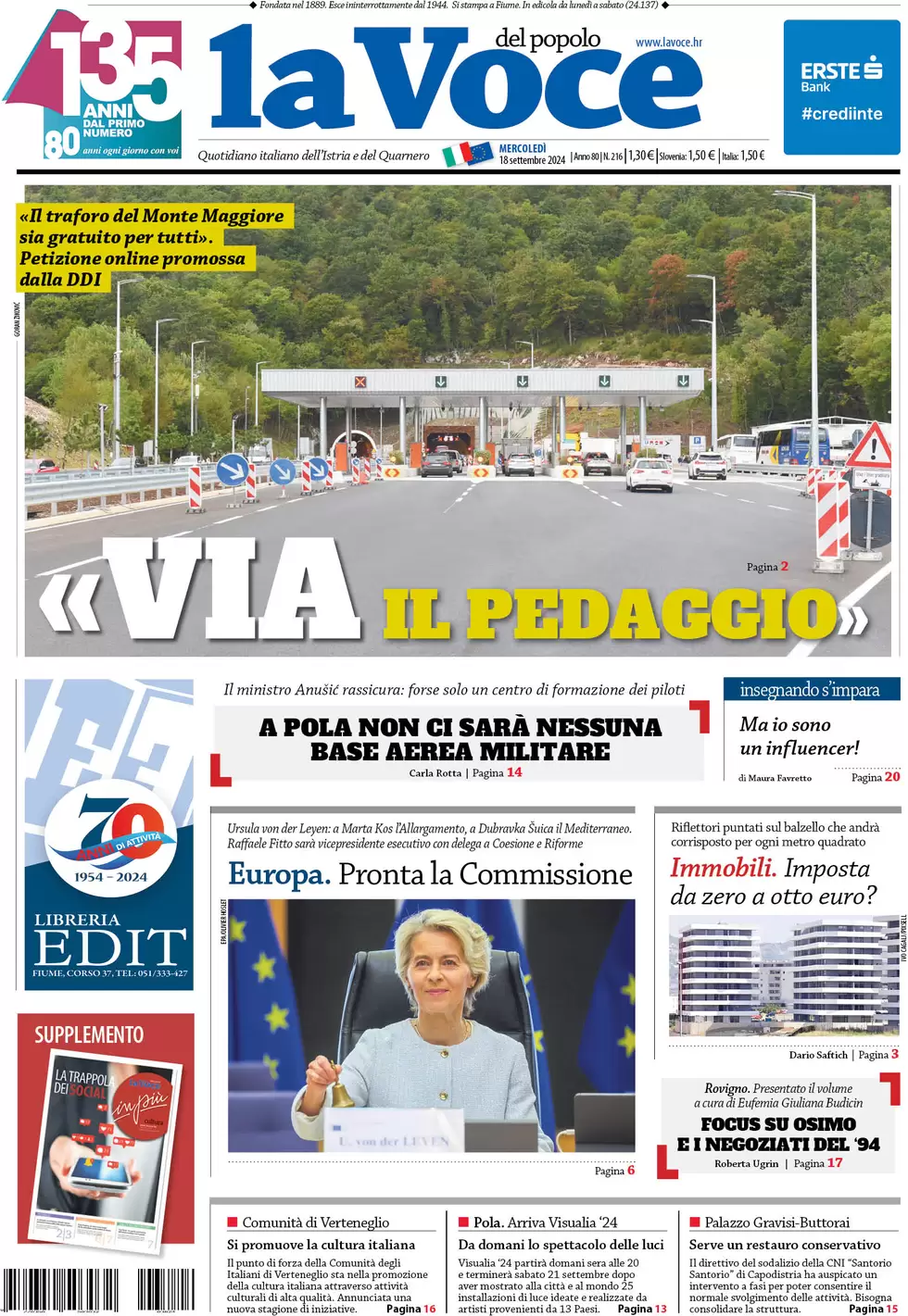 anteprima della prima pagina di la-voce-del-popolo del 18/09/2024