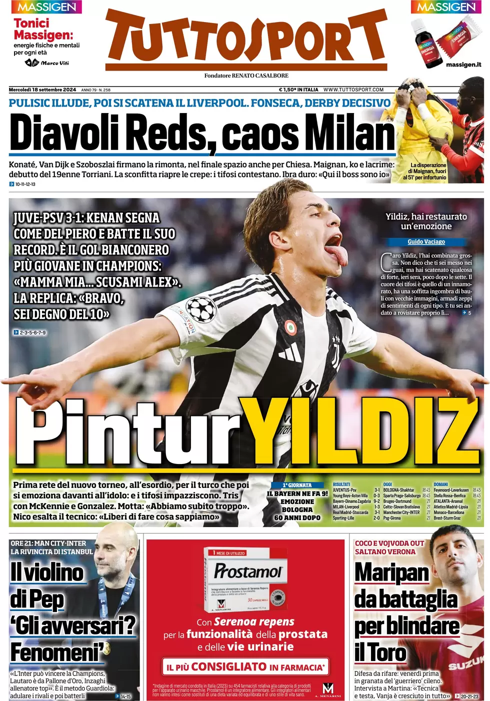 anteprima della prima pagina di tuttosport del 18/09/2024