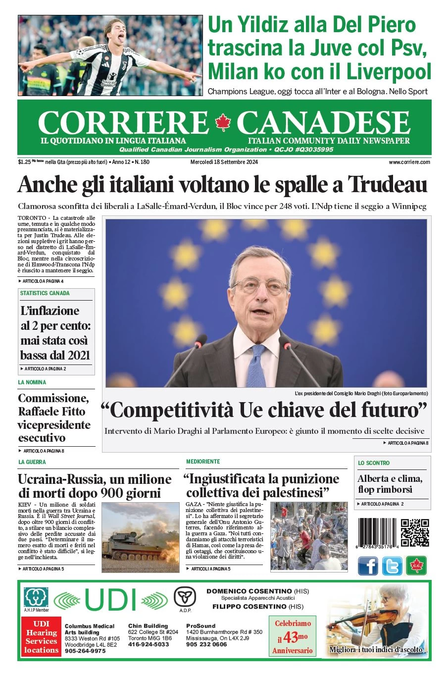 anteprima della prima pagina di corriere-canadese del 18/09/2024