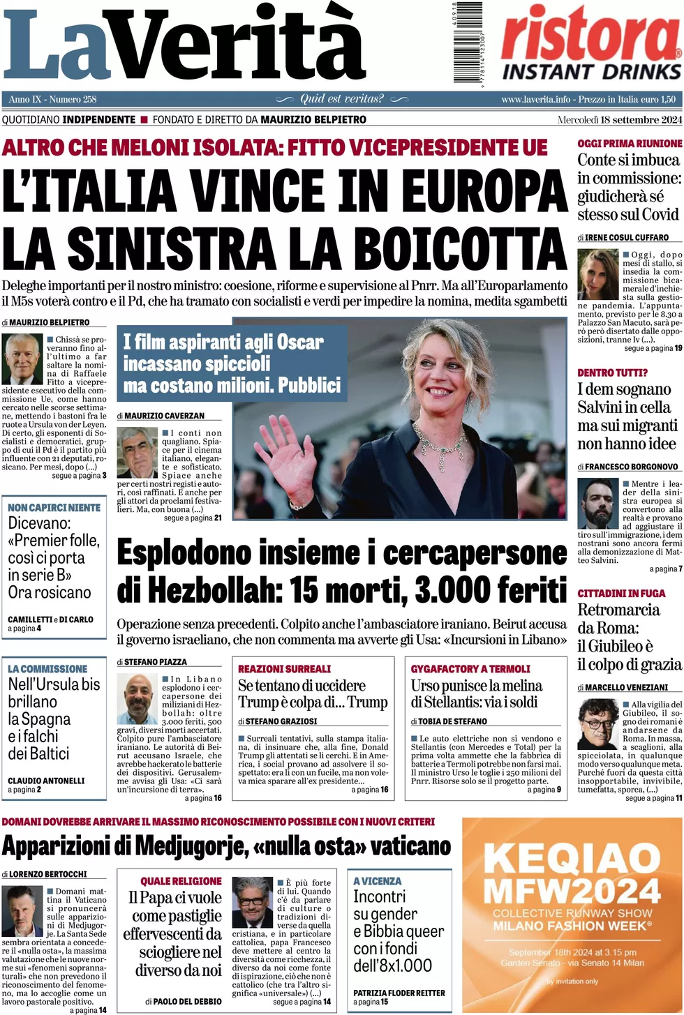 anteprima della prima pagina di la-verit del 18/09/2024