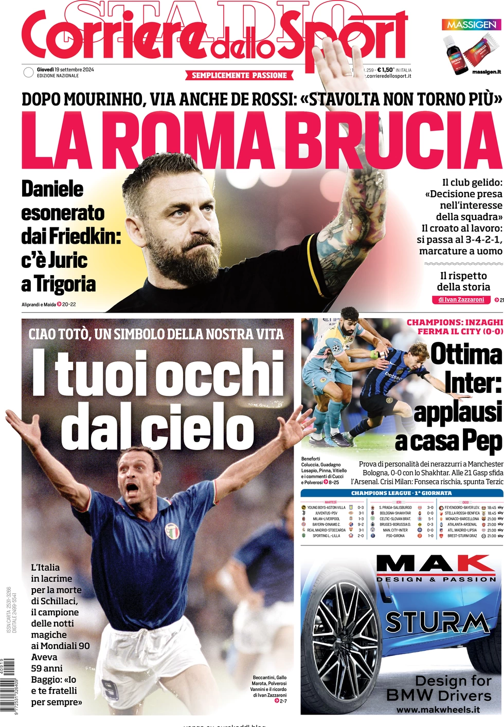 anteprima della prima pagina di corriere-dello-sport del 19/09/2024