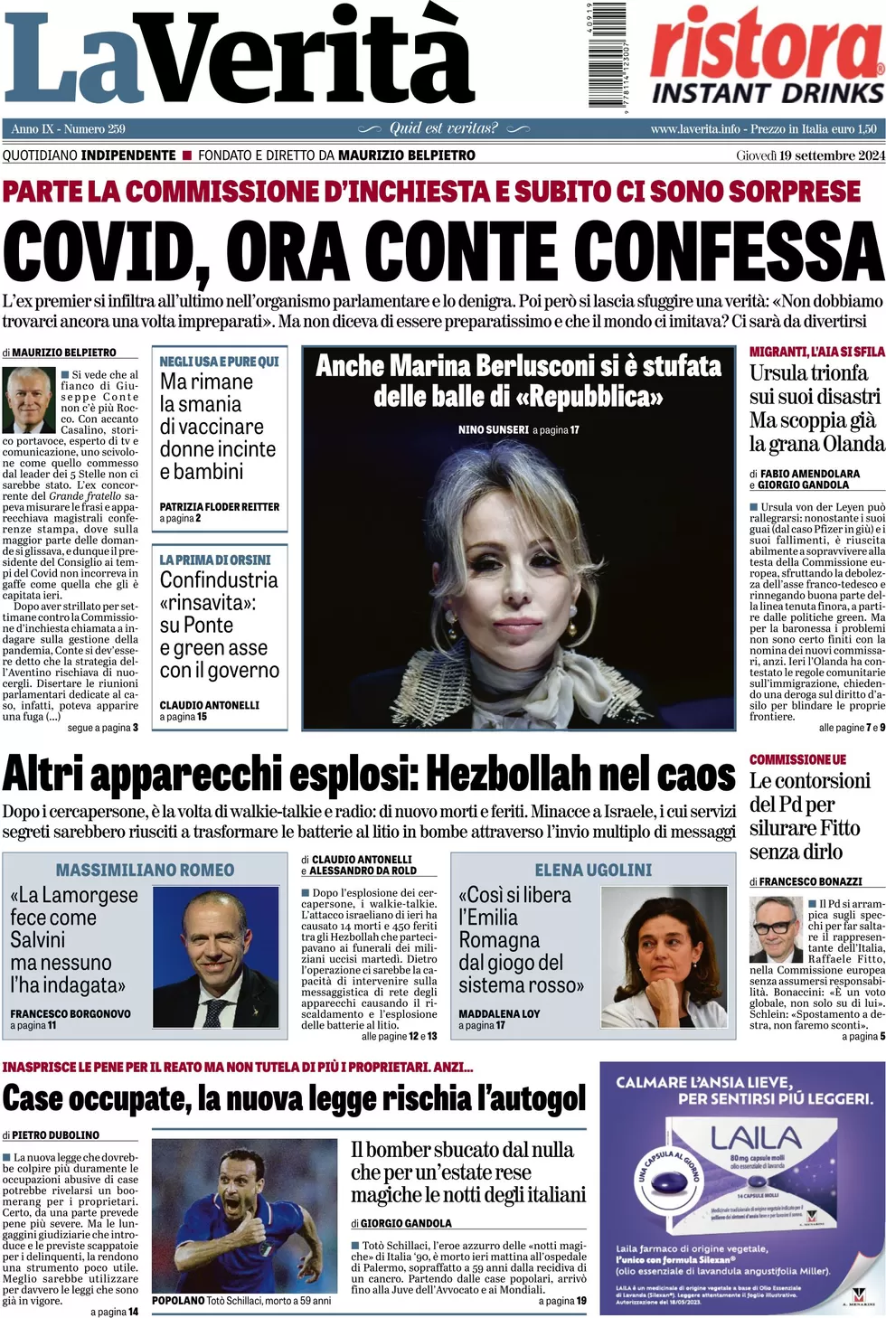 anteprima della prima pagina di la-verit del 19/09/2024