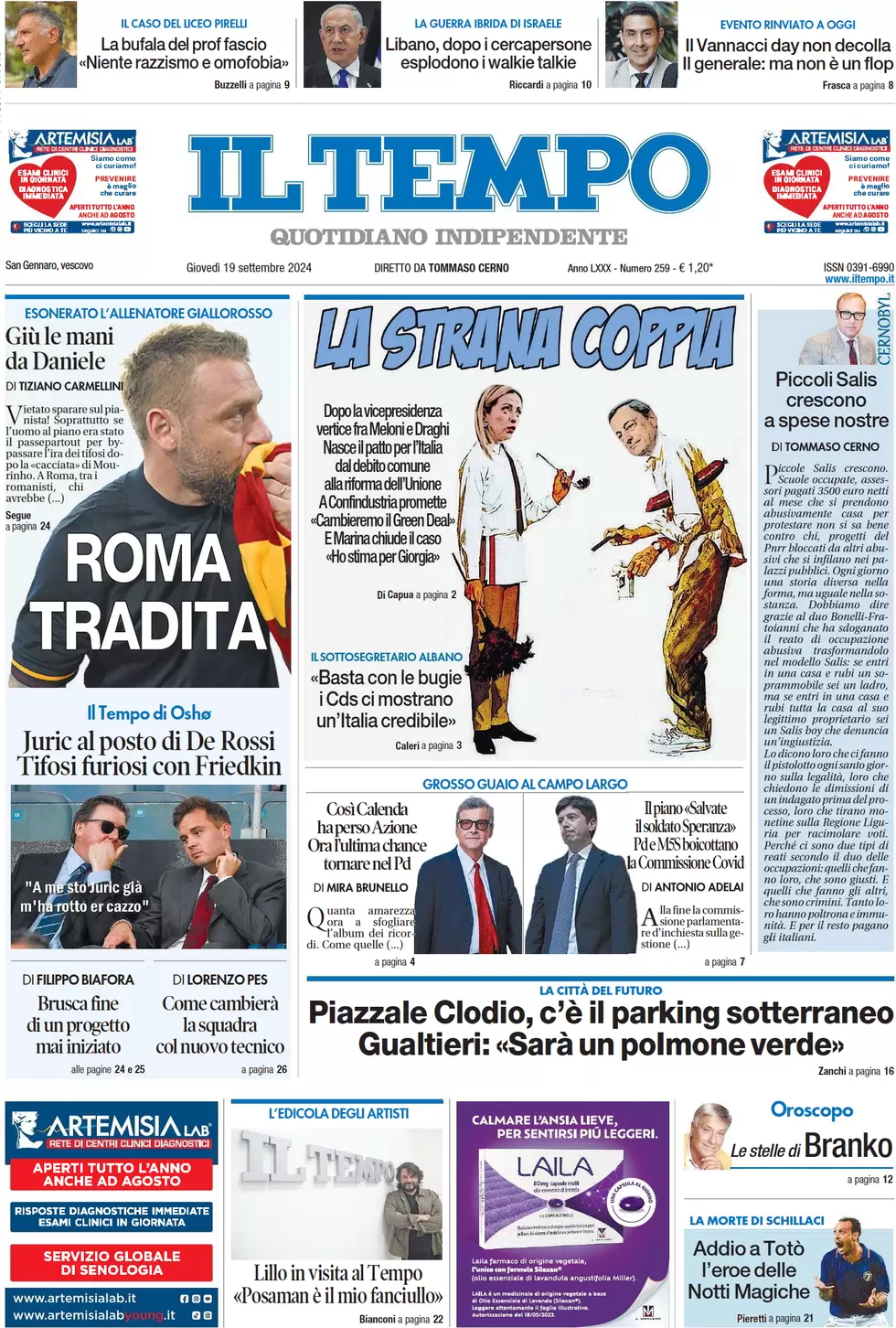 anteprima della prima pagina di il-tempo del 19/09/2024