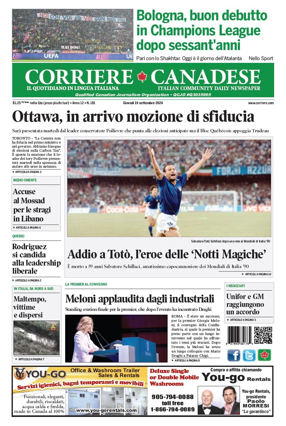 anteprima della prima pagina di corriere-canadese del 19/09/2024