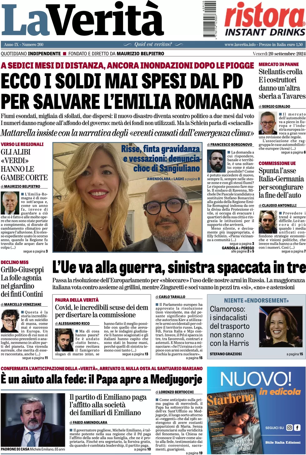 anteprima della prima pagina di la-verit del 20/09/2024