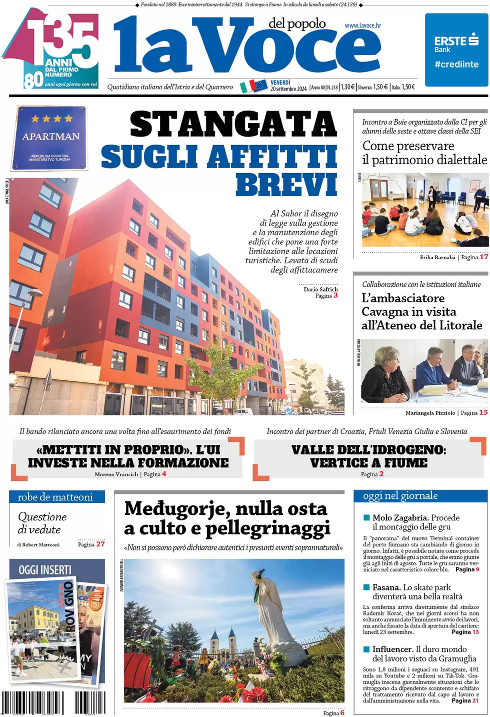 anteprima della prima pagina di la-voce-del-popolo del 20/09/2024