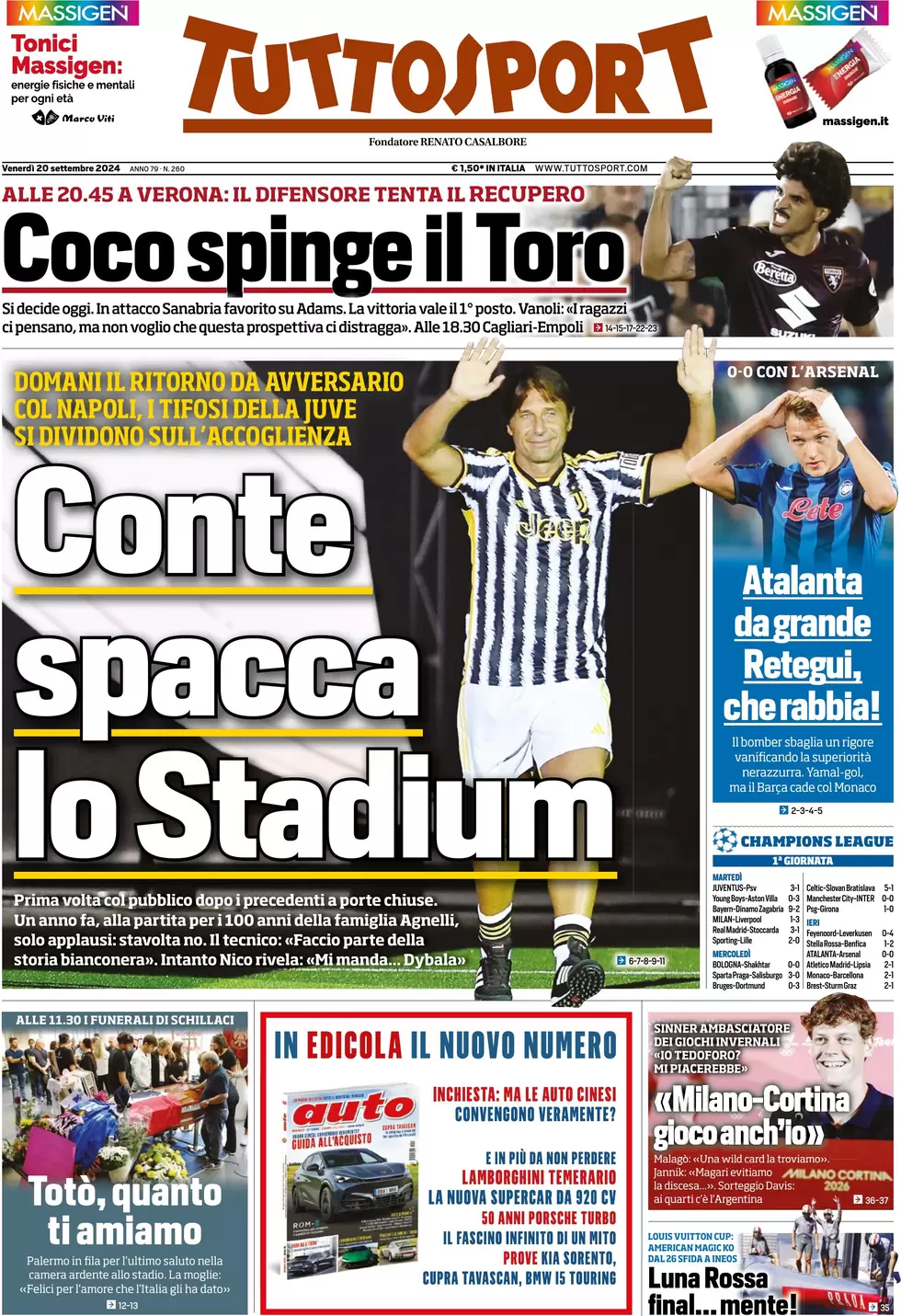 anteprima della prima pagina di tuttosport del 20/09/2024