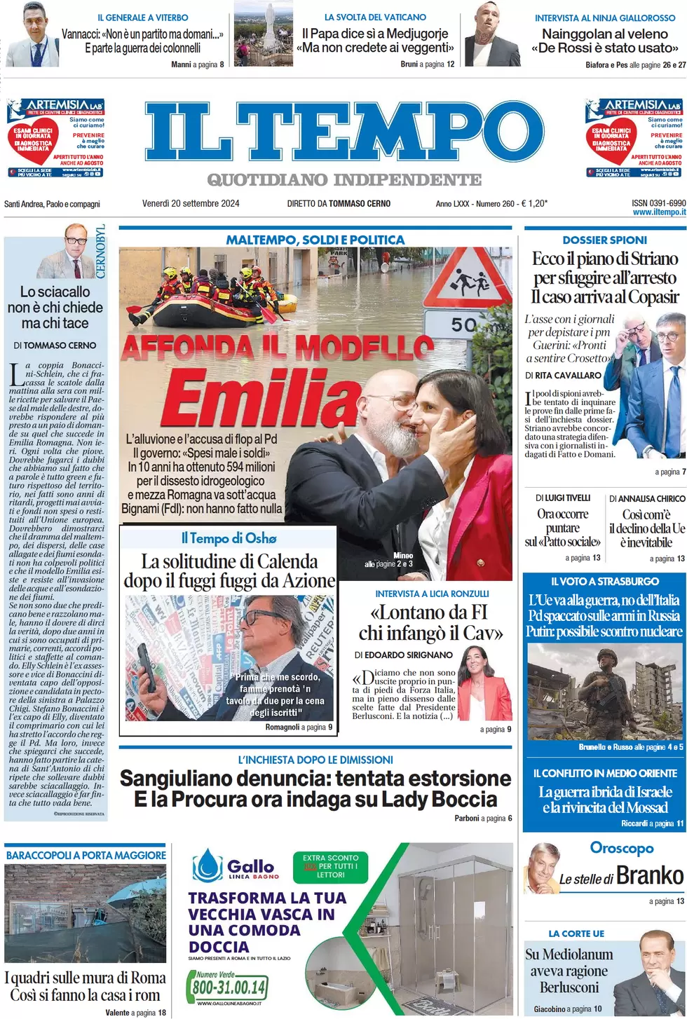 anteprima della prima pagina di il-tempo del 20/09/2024