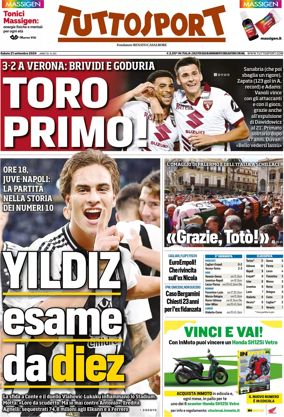 anteprima della prima pagina di tuttosport del 21/09/2024