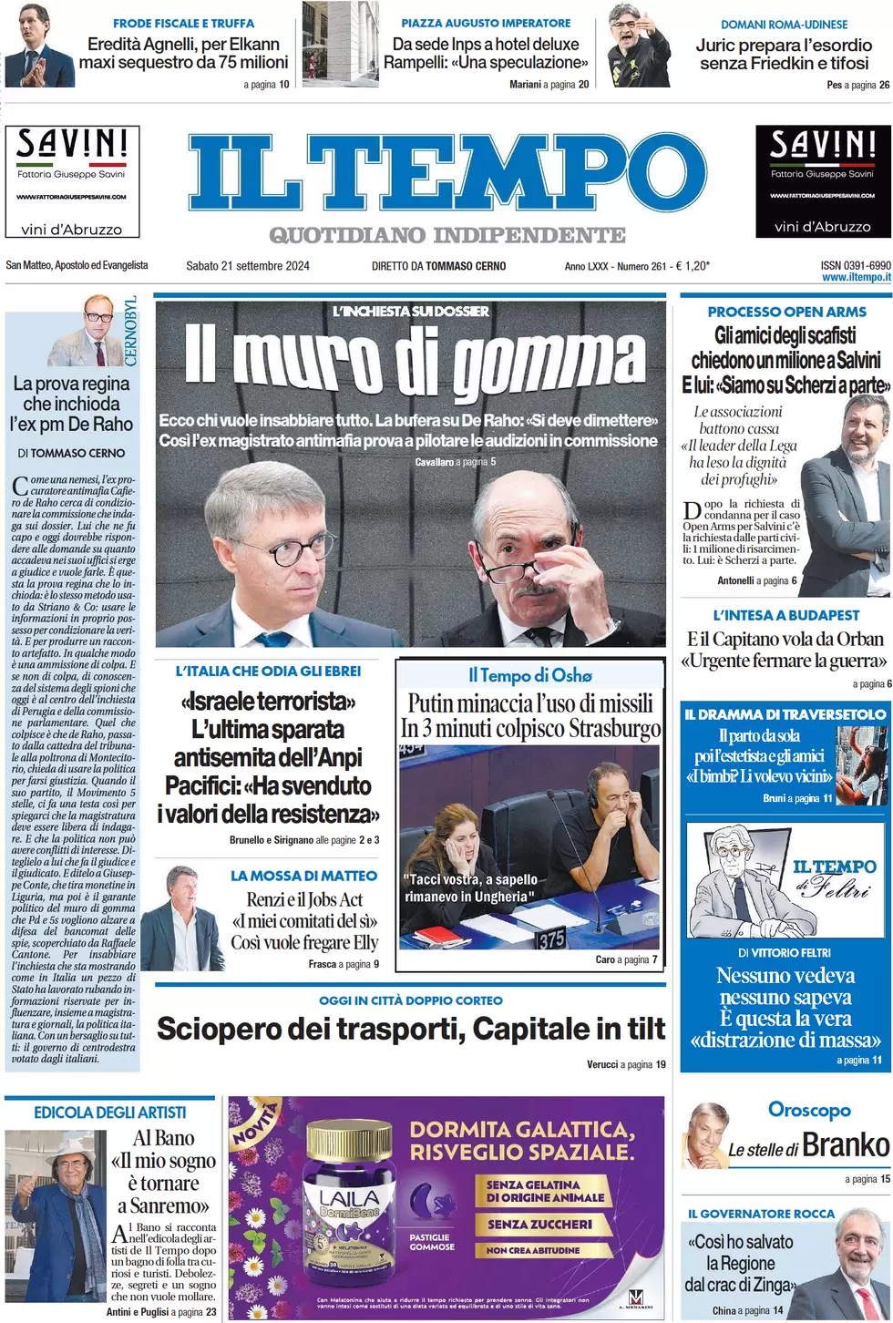 anteprima della prima pagina di il-tempo del 21/09/2024