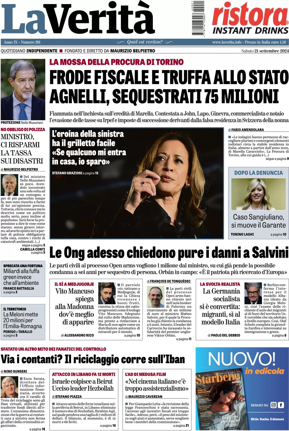 anteprima della prima pagina di la-verit del 21/09/2024