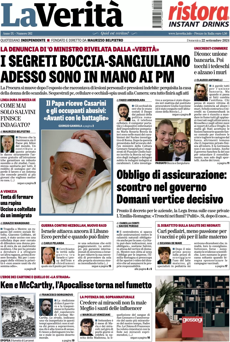 anteprima della prima pagina di la-verit del 22/09/2024