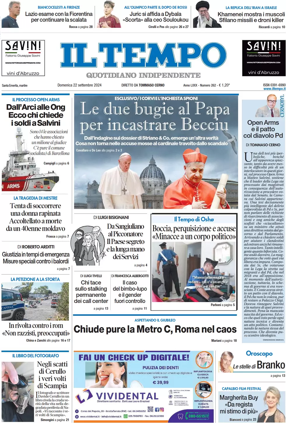 anteprima della prima pagina di il-tempo del 22/09/2024