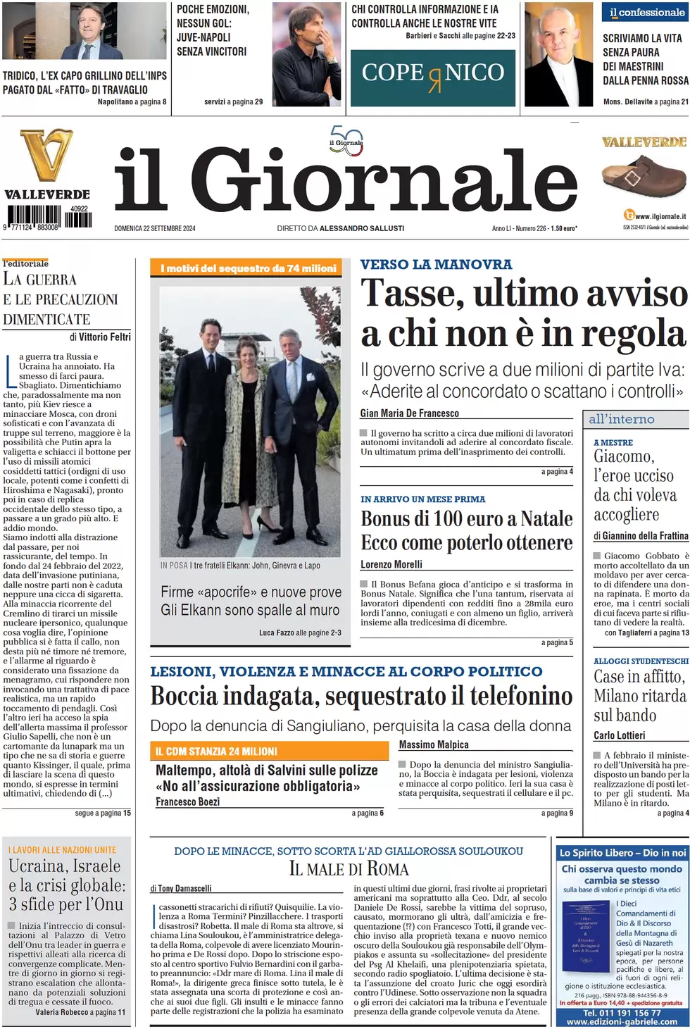 anteprima della prima pagina di il-giornale del 22/09/2024