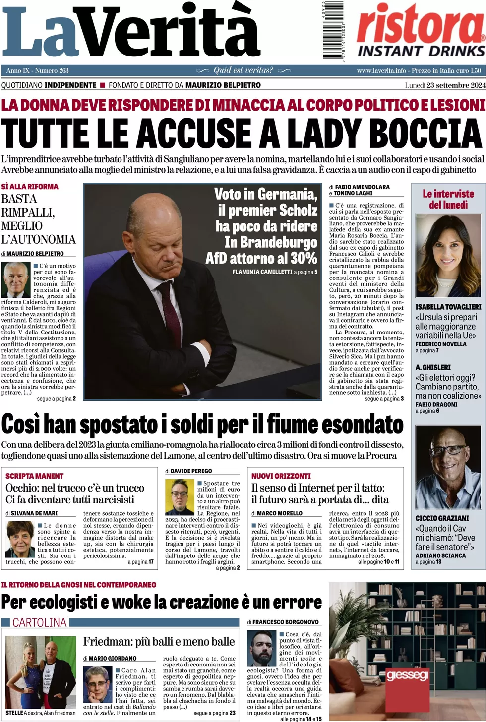 anteprima della prima pagina di la-verit del 23/09/2024