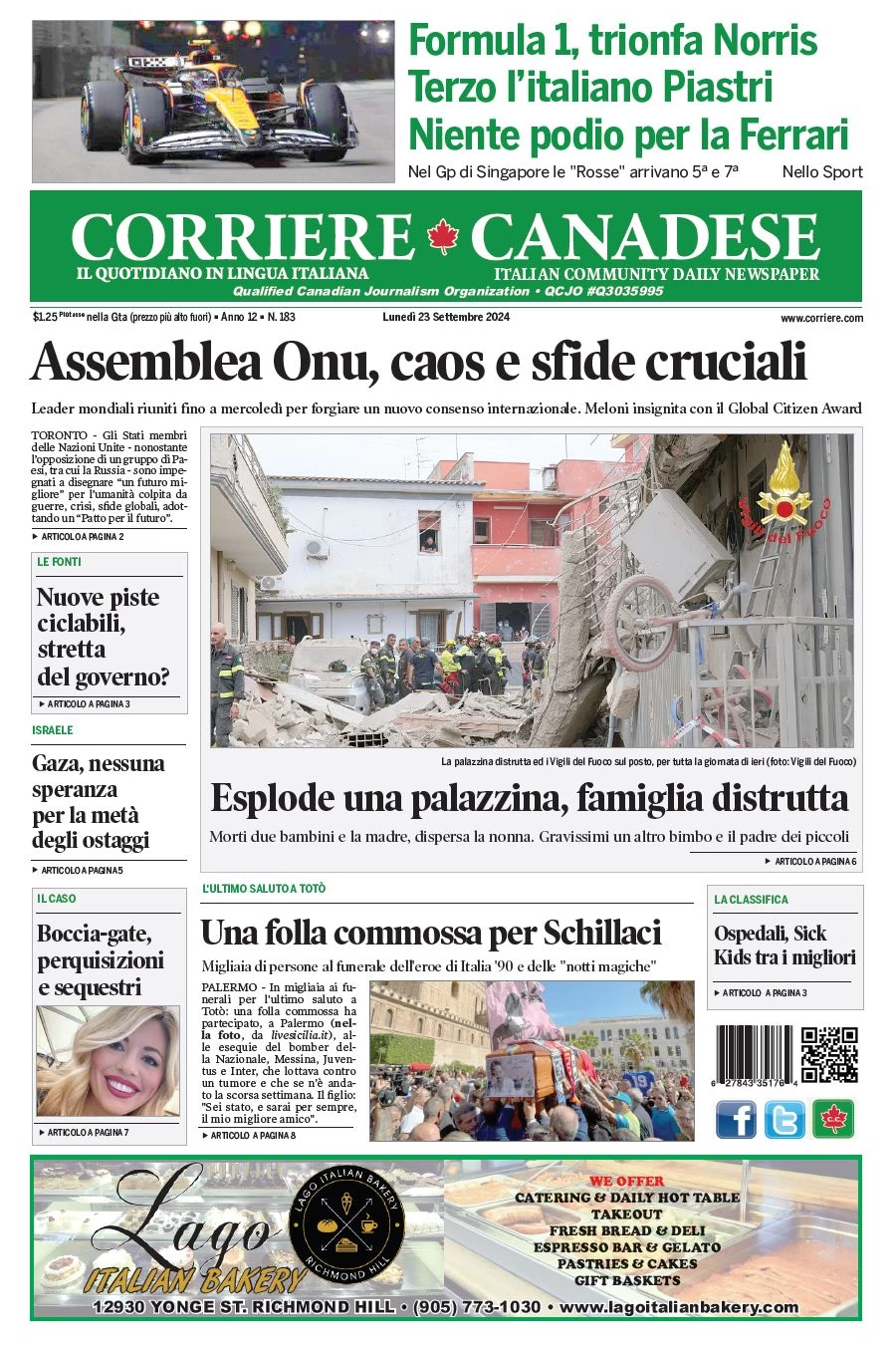 anteprima della prima pagina di corriere-canadese del 23/09/2024