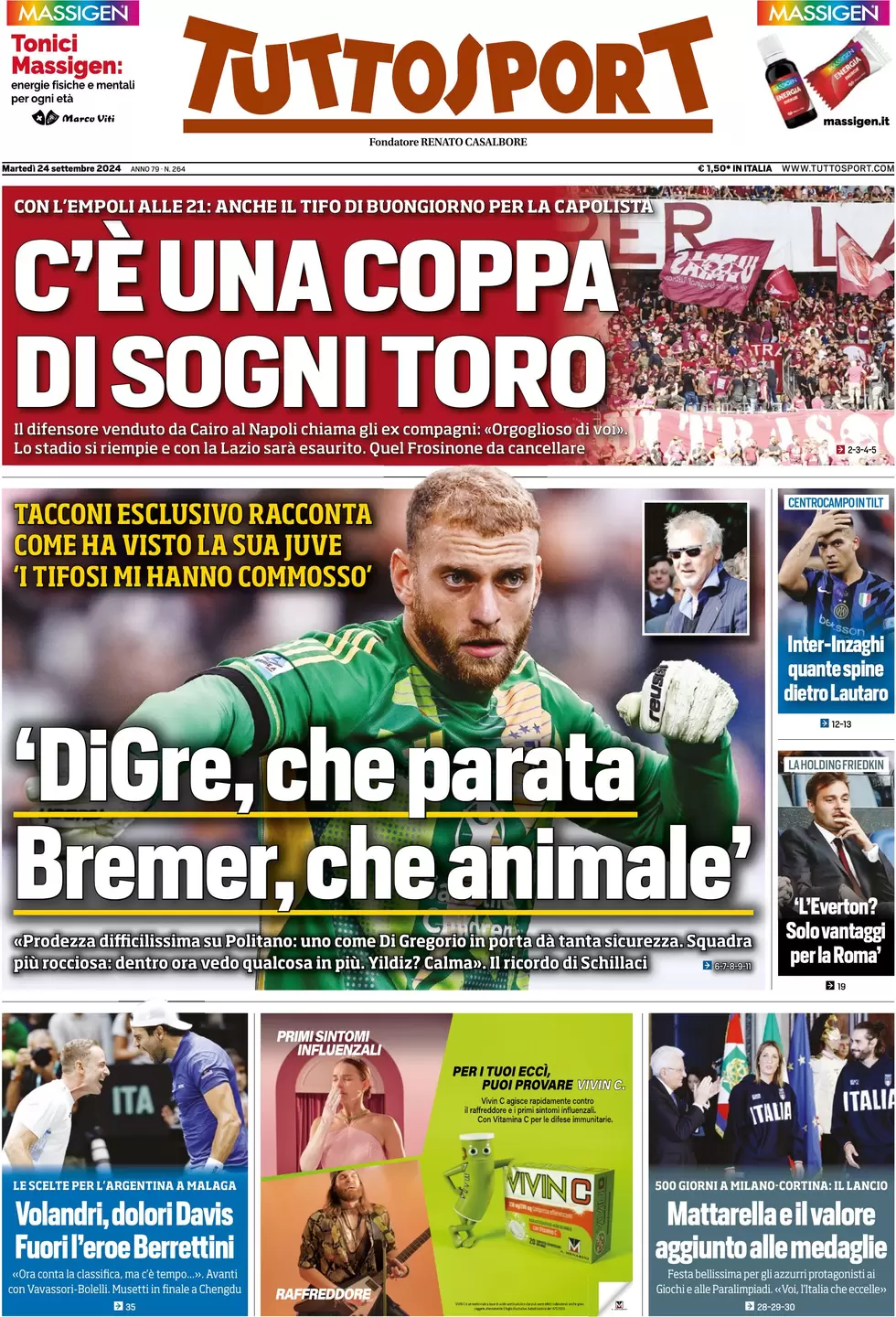 anteprima della prima pagina di tuttosport del 24/09/2024