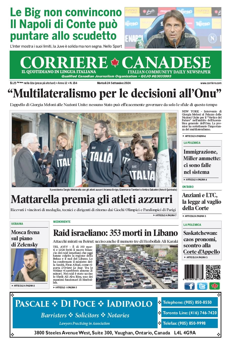 anteprima della prima pagina di corriere-canadese del 24/09/2024