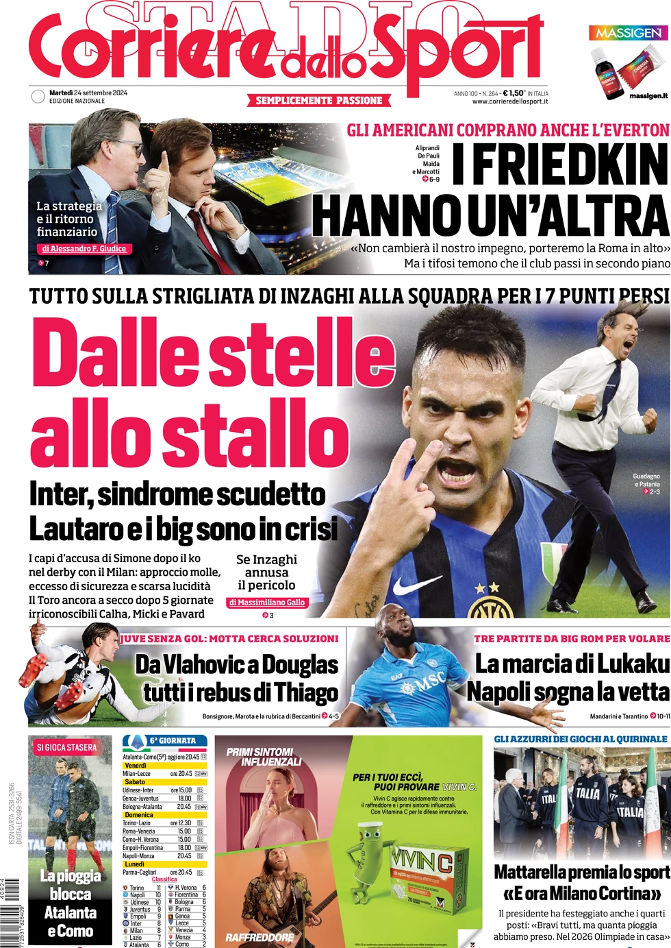 anteprima della prima pagina di corriere-dello-sport del 24/09/2024