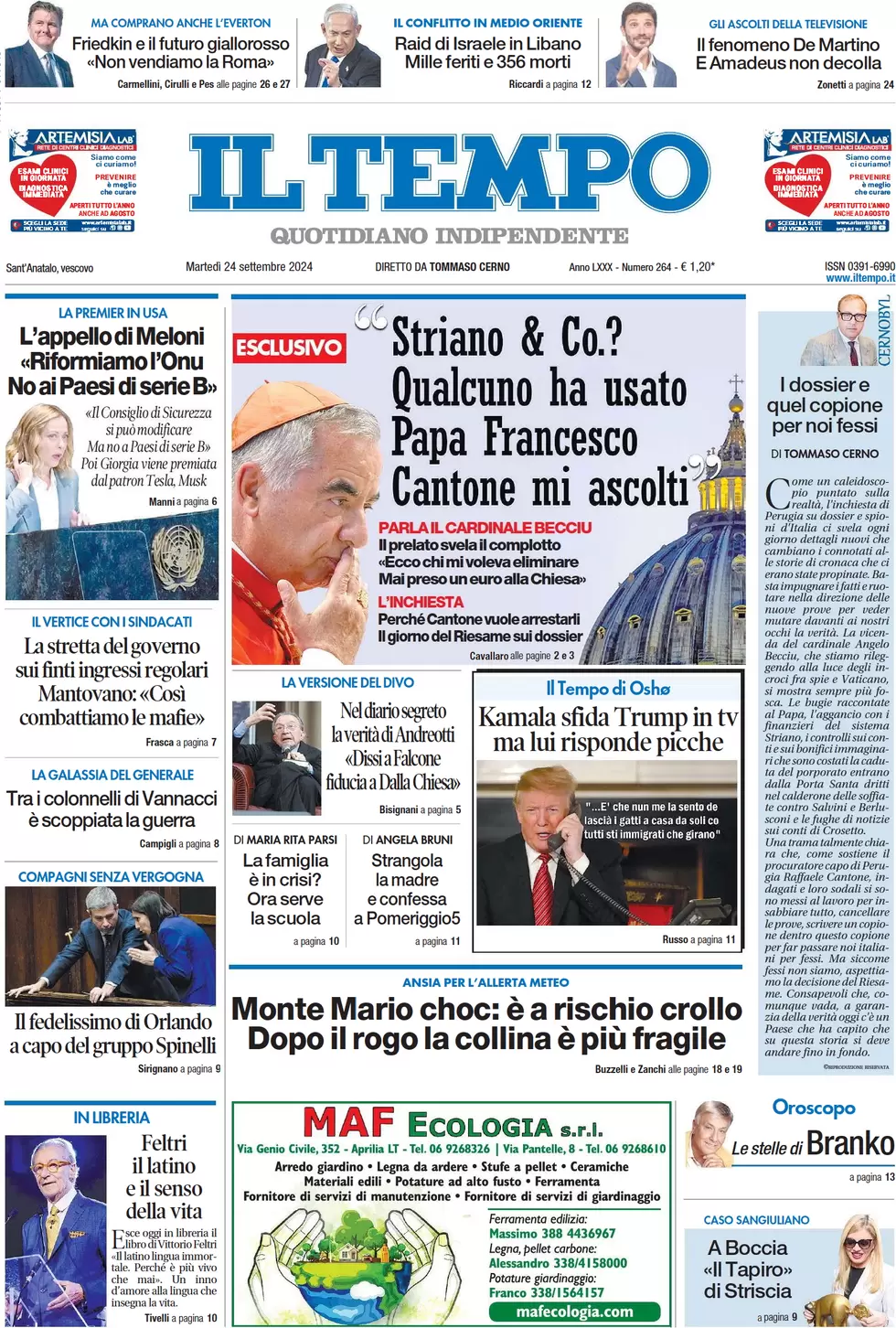 anteprima della prima pagina di il-tempo del 24/09/2024
