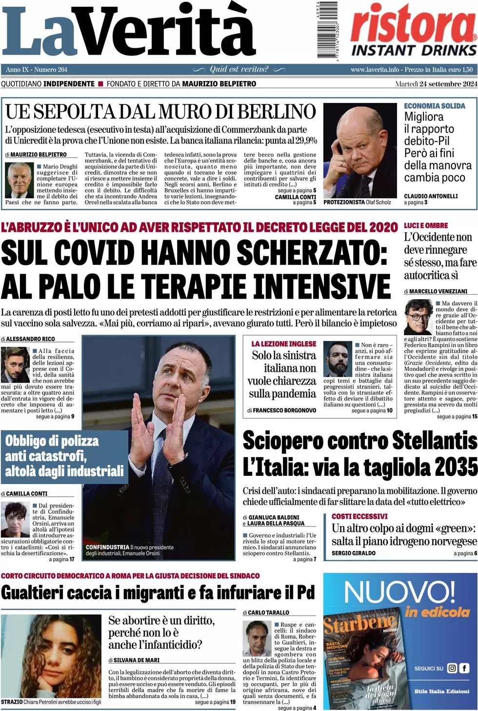 anteprima della prima pagina di la-verit del 24/09/2024