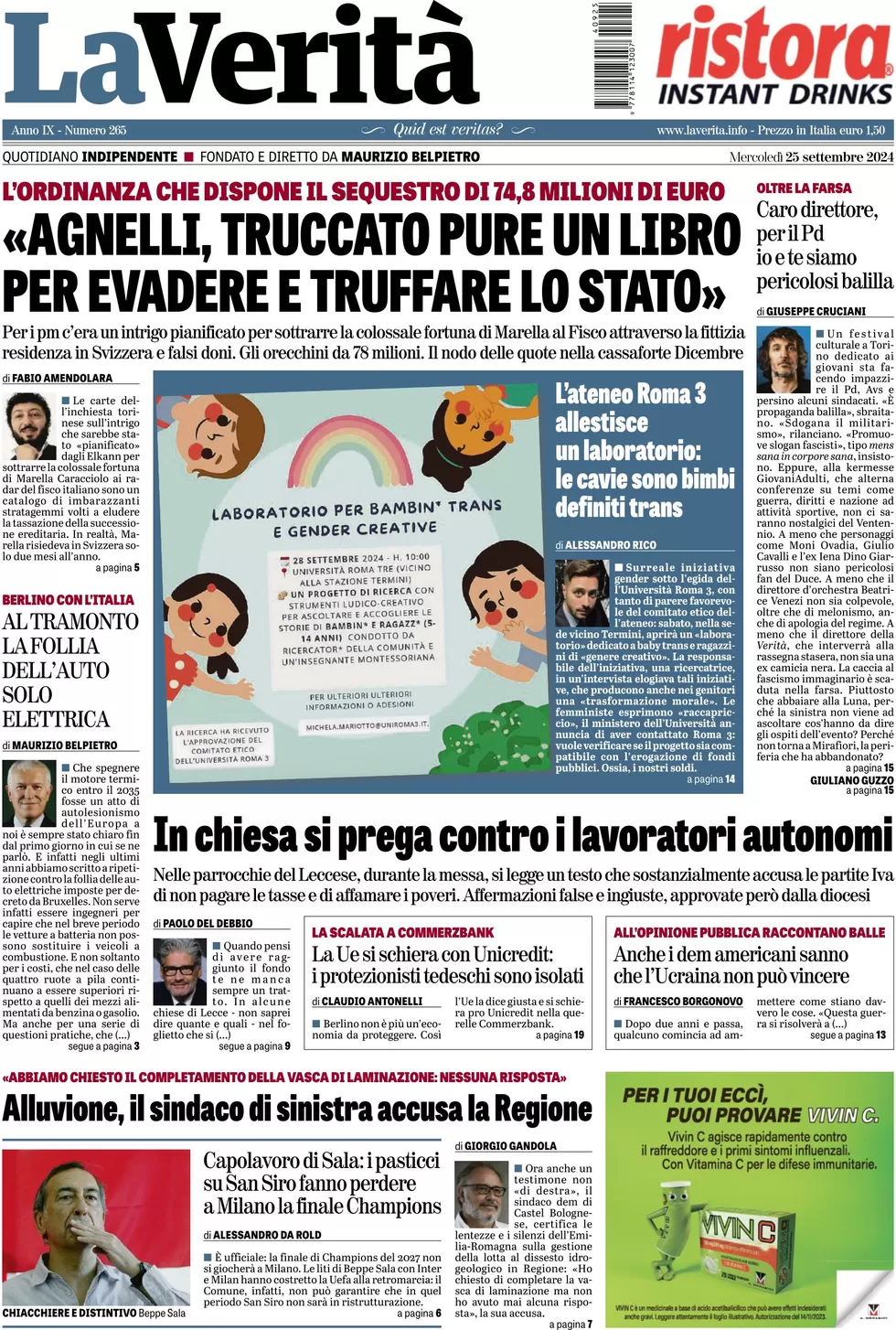 anteprima della prima pagina di la-verit del 25/09/2024