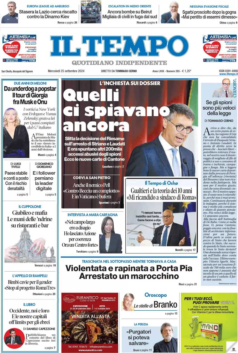 anteprima della prima pagina di il-tempo del 25/09/2024