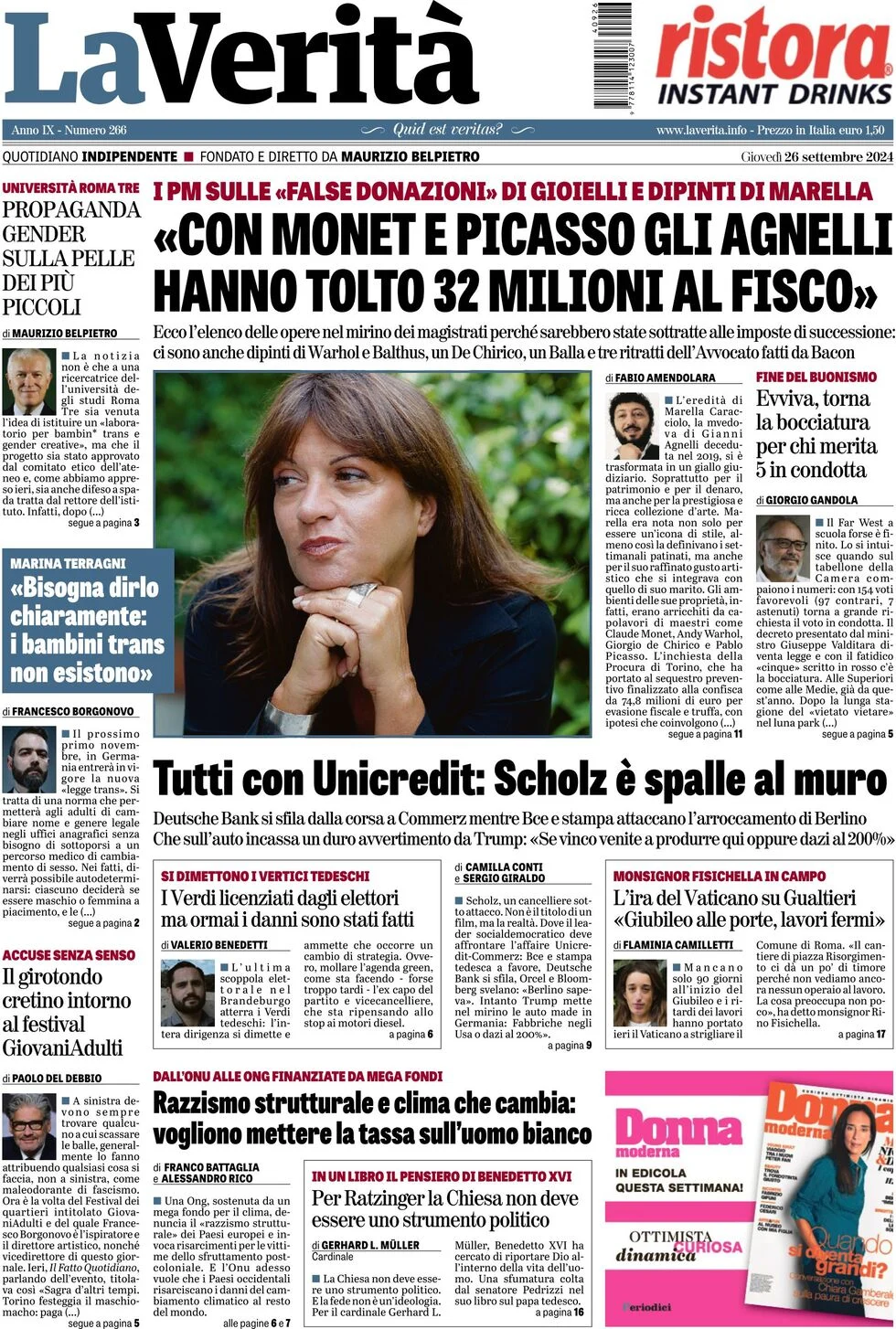 anteprima della prima pagina di la-verit del 26/09/2024
