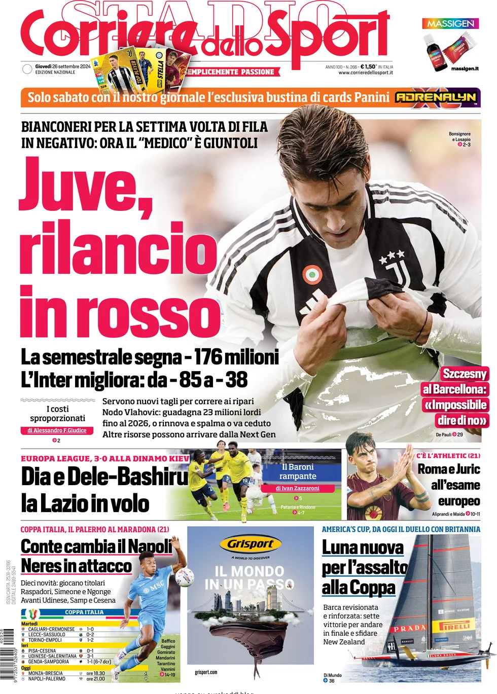 anteprima della prima pagina di corriere-dello-sport del 26/09/2024