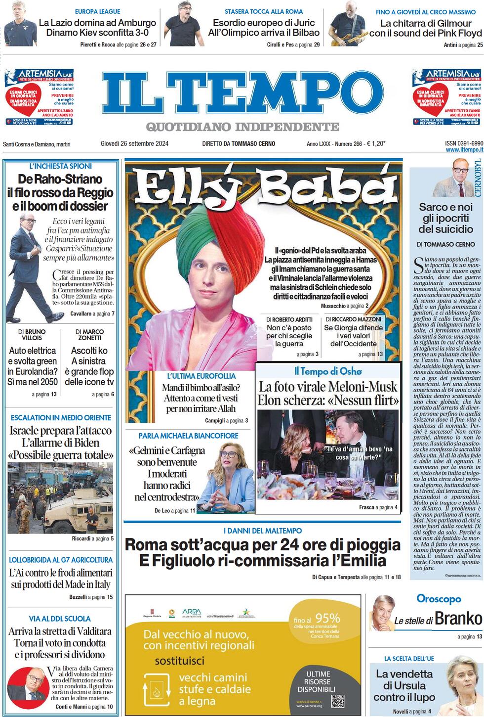 anteprima della prima pagina di il-tempo del 26/09/2024