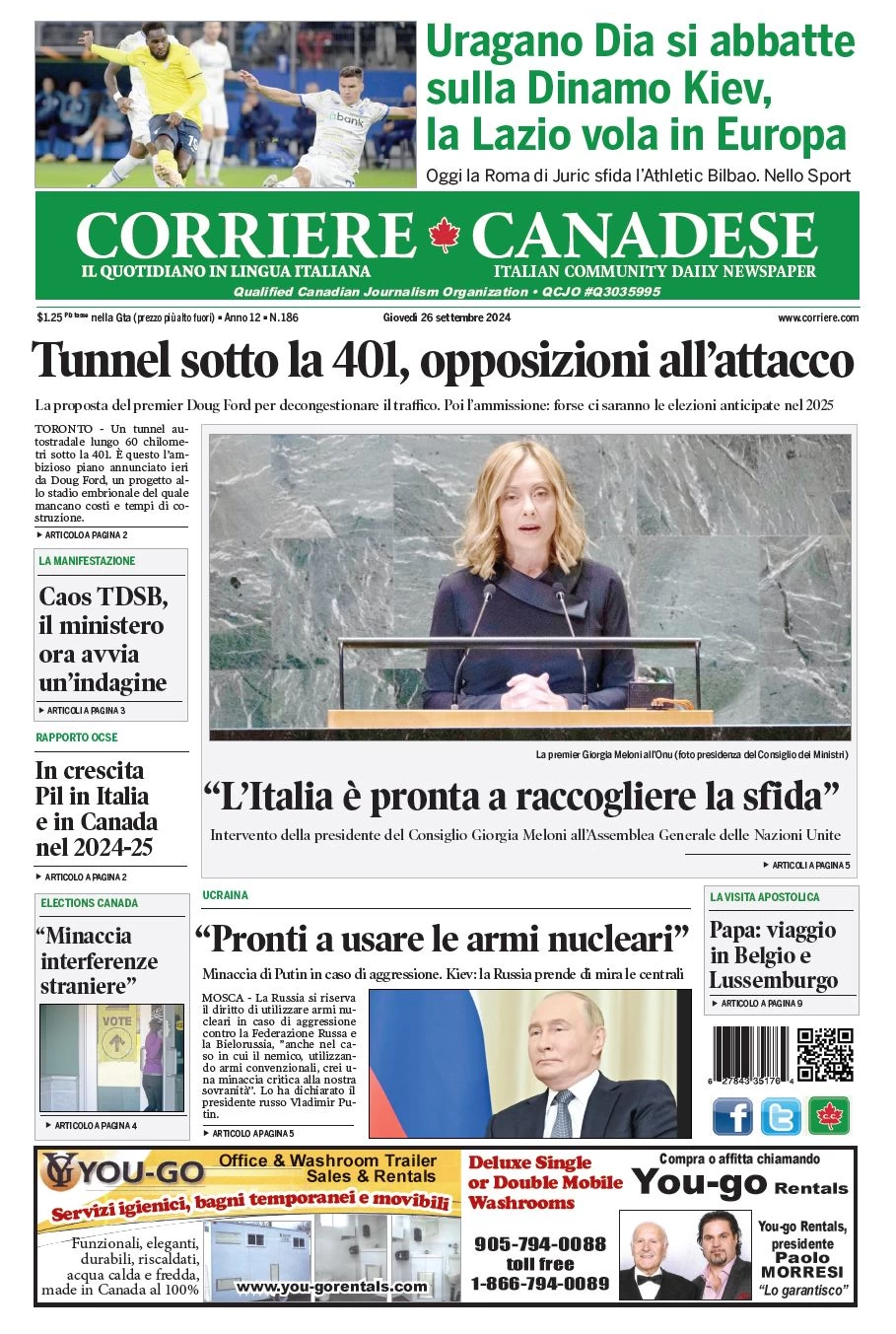 anteprima della prima pagina di corriere-canadese del 26/09/2024
