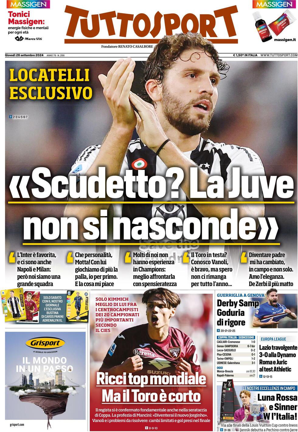 anteprima della prima pagina di tuttosport del 26/09/2024