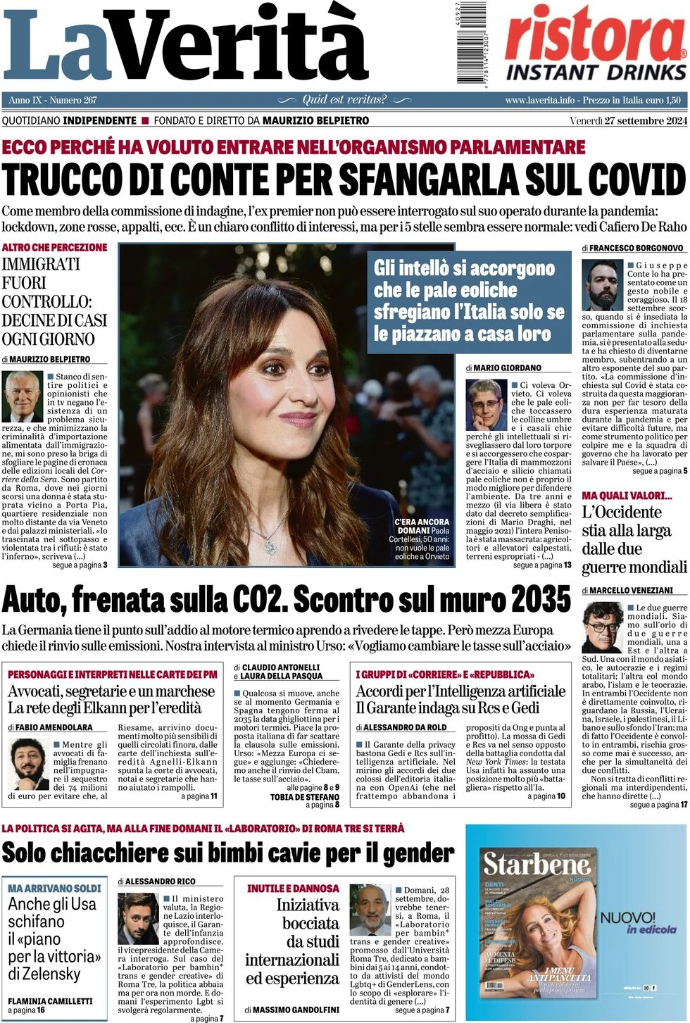 anteprima della prima pagina di la-verit del 27/09/2024