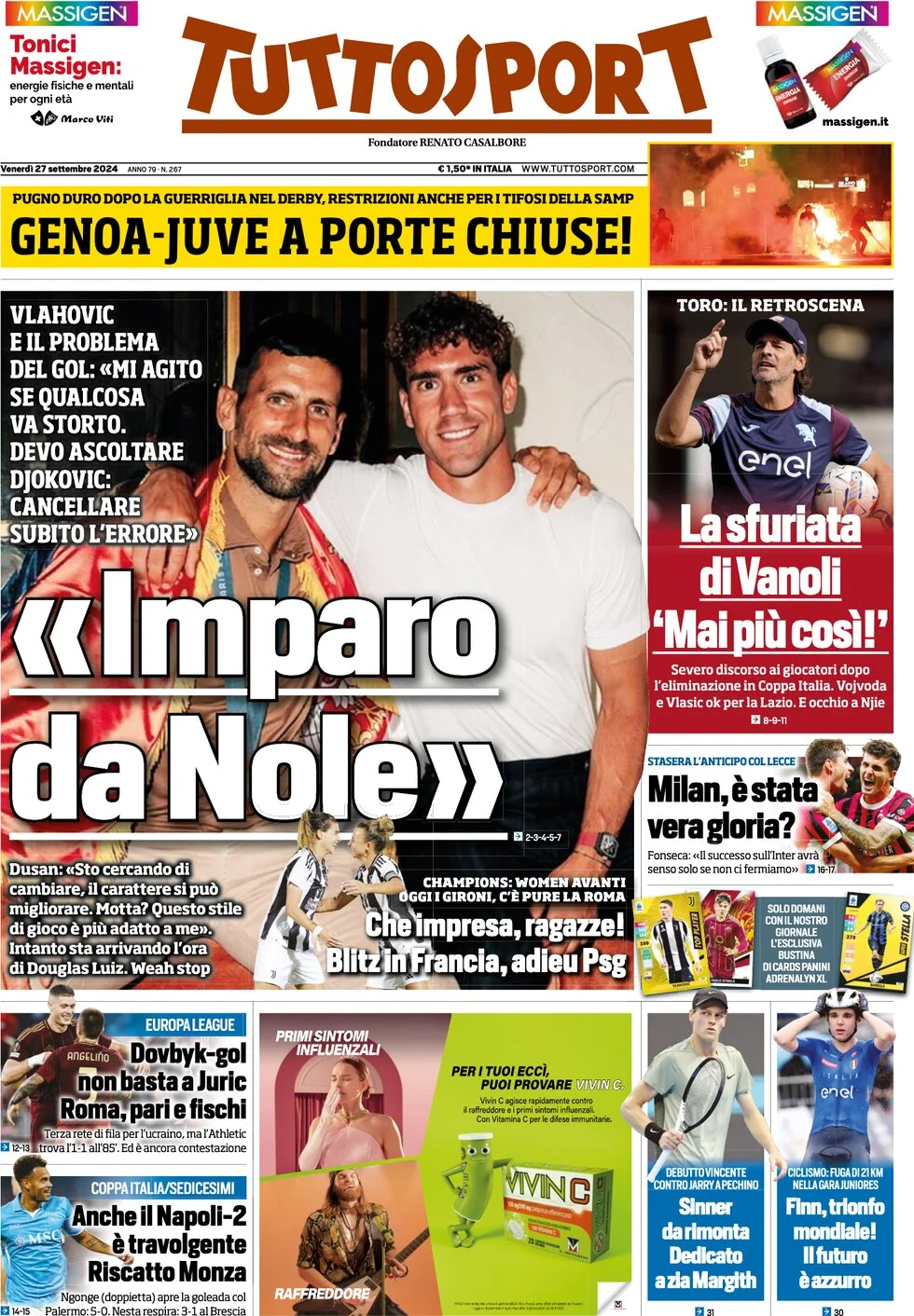 anteprima della prima pagina di tuttosport del 27/09/2024