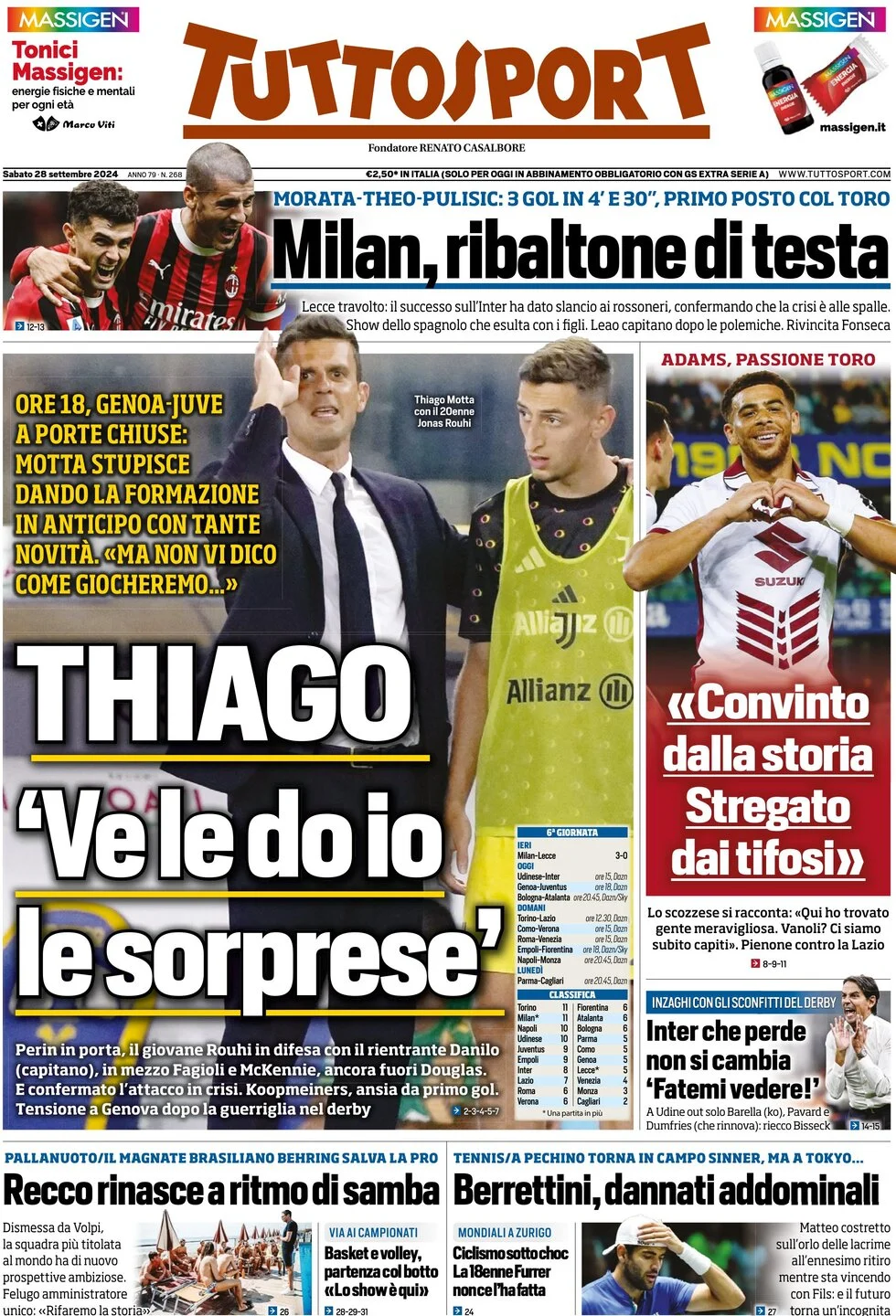 anteprima della prima pagina di tuttosport del 28/09/2024