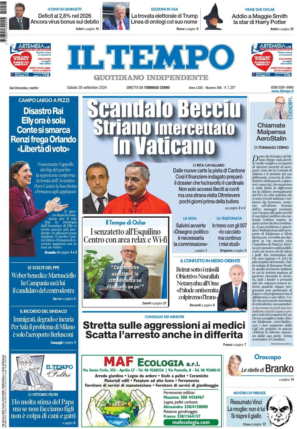 anteprima della prima pagina di il-tempo del 28/09/2024