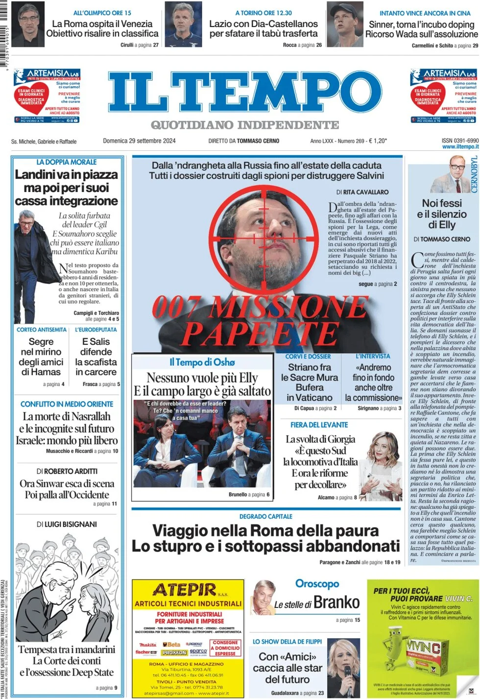 anteprima della prima pagina di il-tempo del 29/09/2024