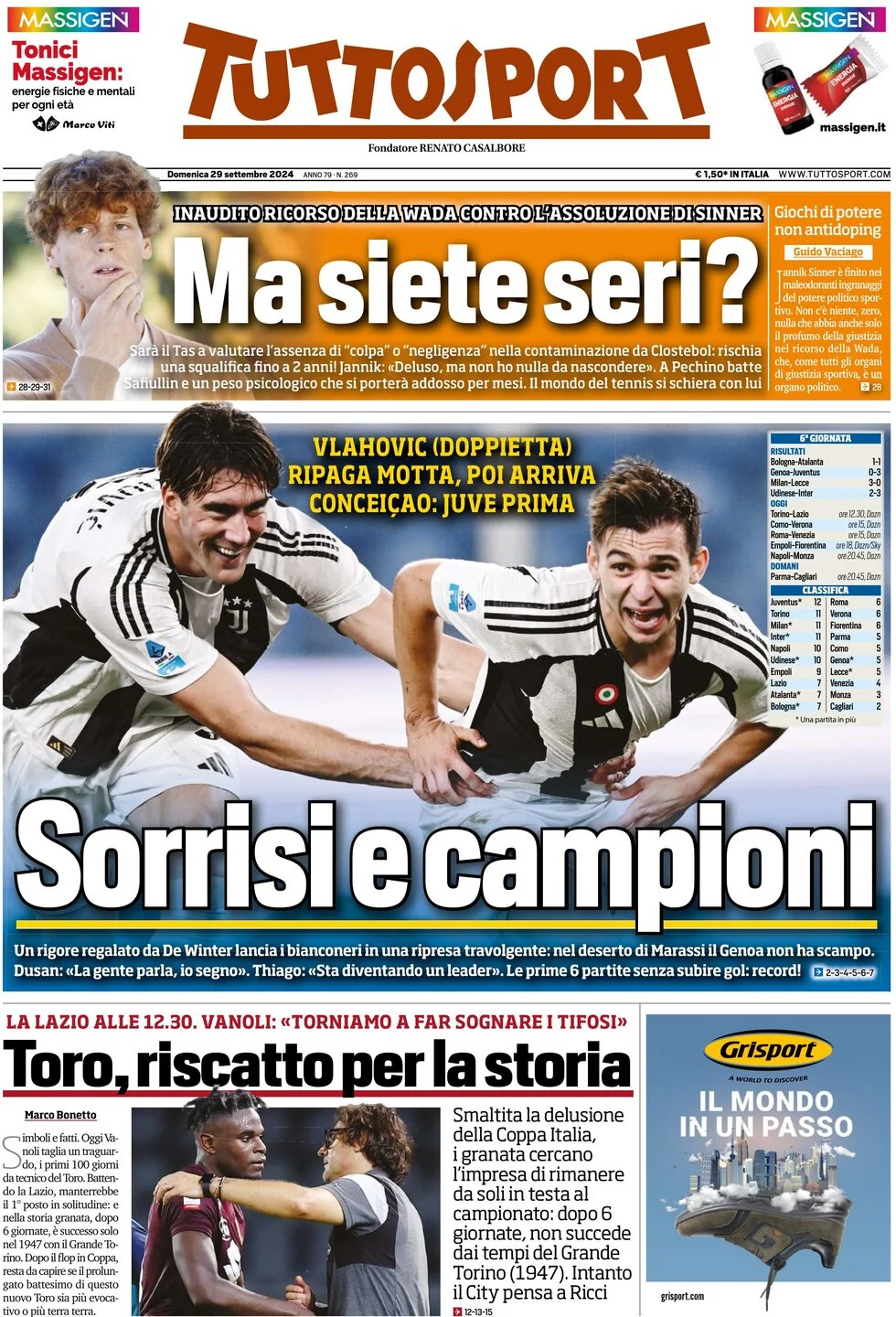 anteprima della prima pagina di tuttosport del 29/09/2024