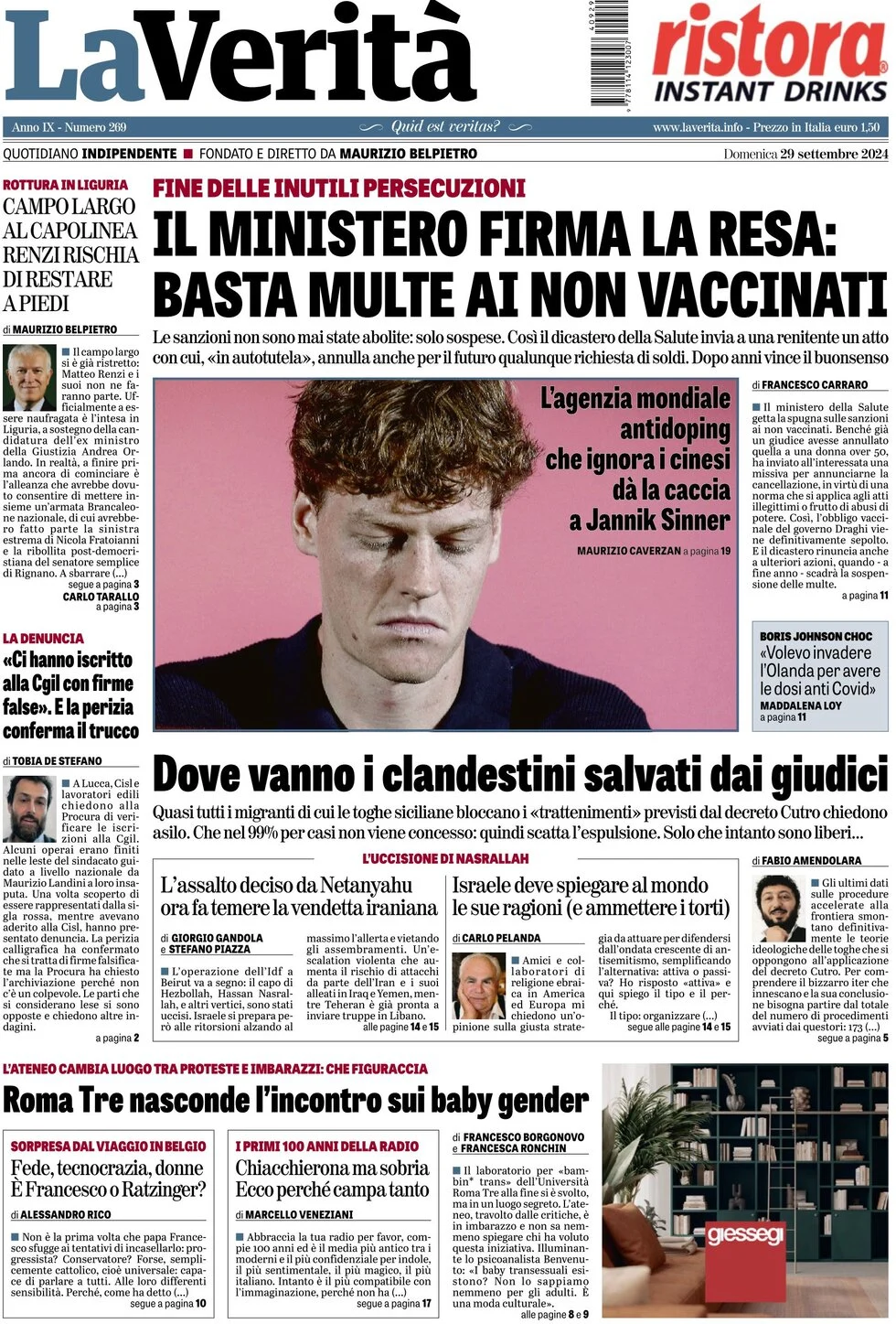 anteprima della prima pagina di la-verit del 29/09/2024