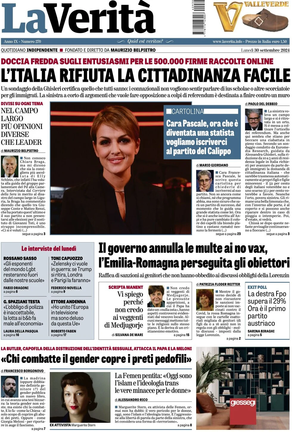 anteprima della prima pagina di la-verit del 30/09/2024