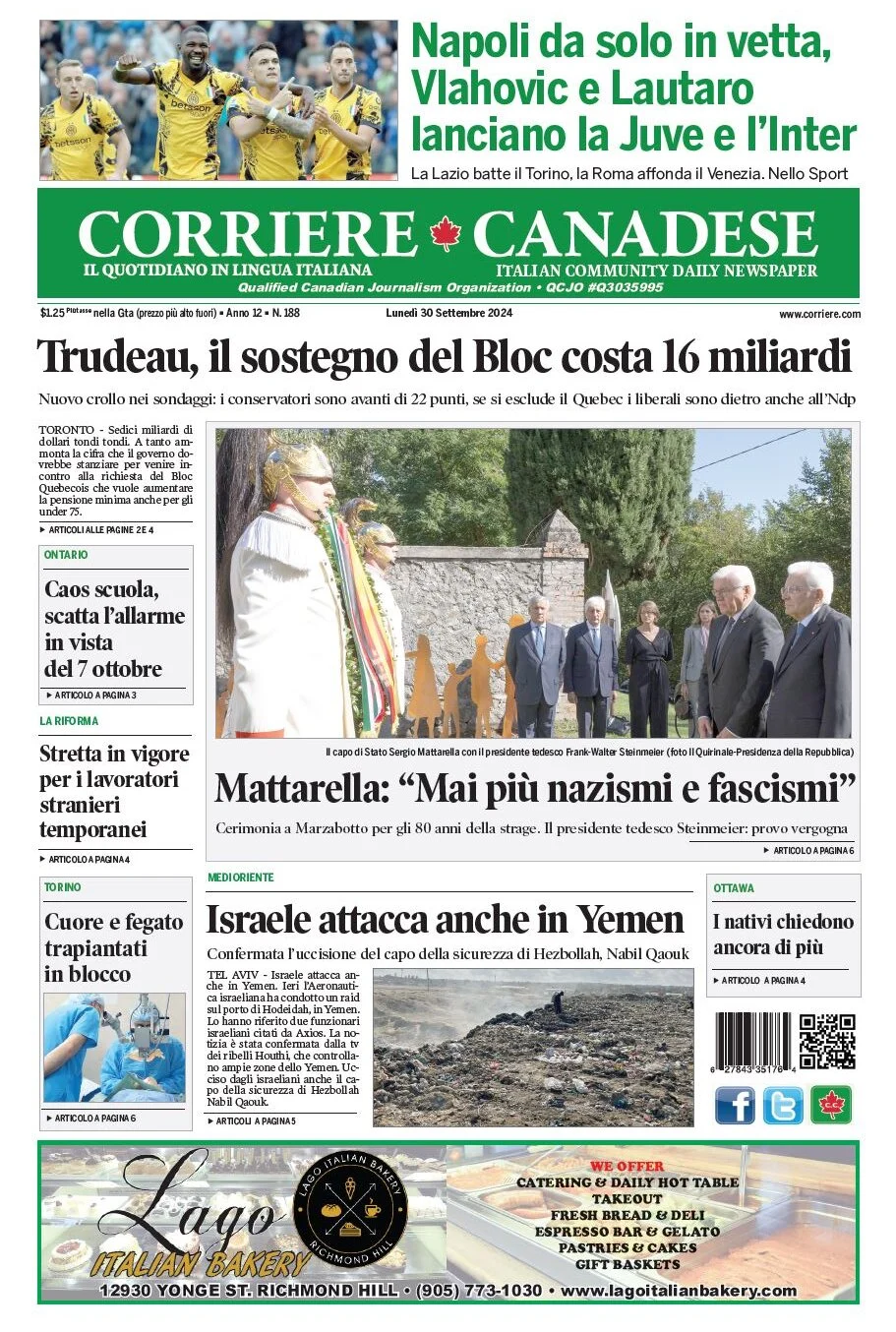 anteprima della prima pagina di corriere-canadese del 30/09/2024