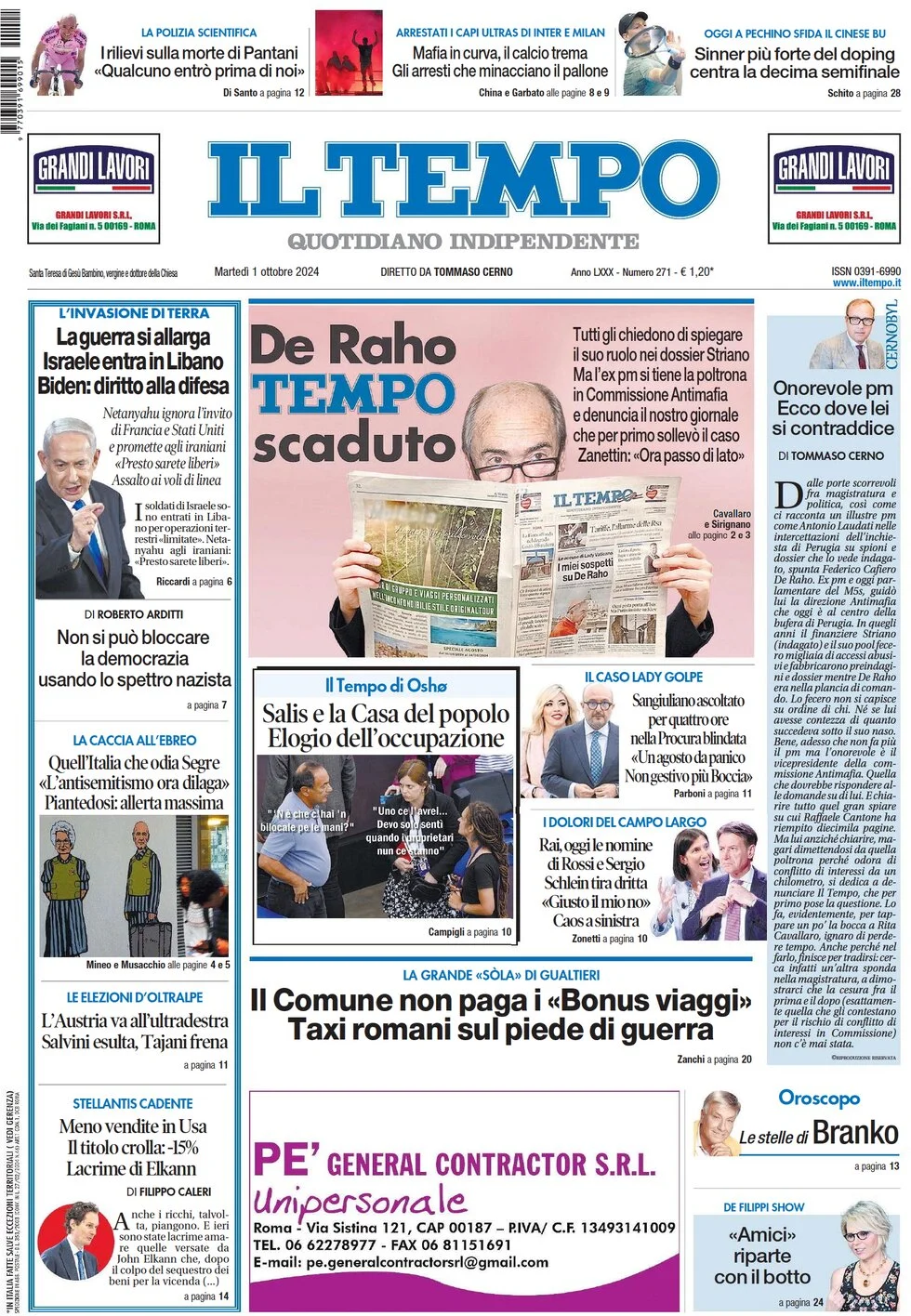 anteprima della prima pagina di il-tempo del 01/10/2024