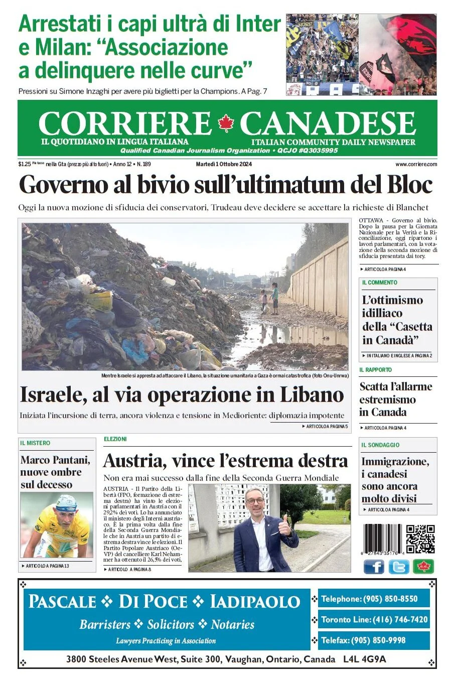 anteprima della prima pagina di corriere-canadese del 01/10/2024
