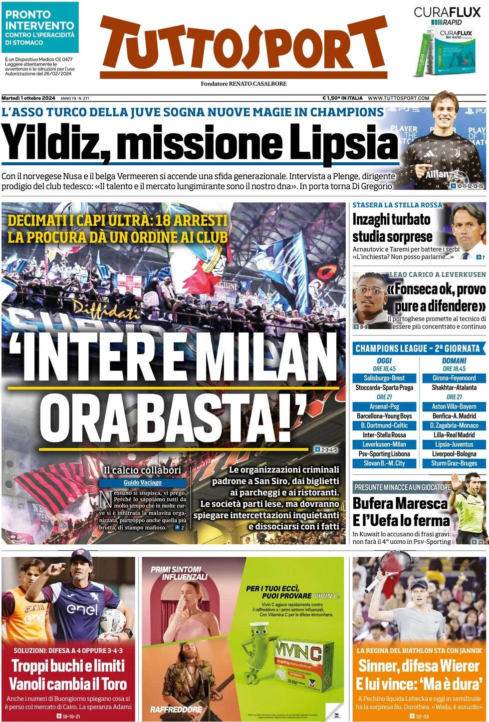 anteprima della prima pagina di tuttosport del 01/10/2024