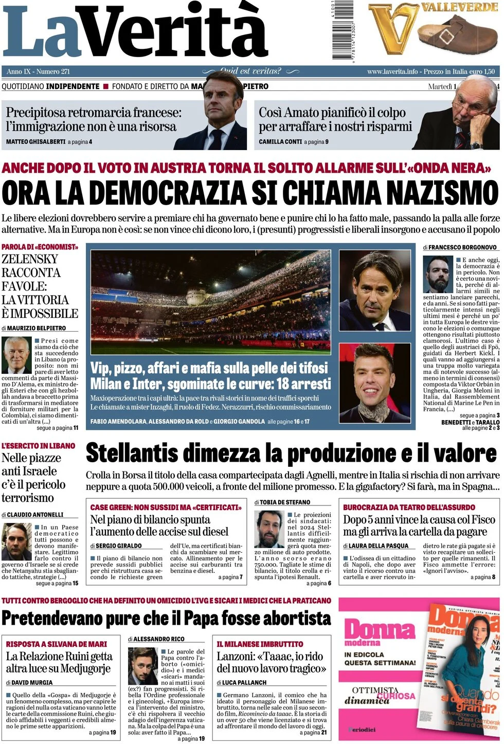 anteprima della prima pagina di la-verit del 01/10/2024