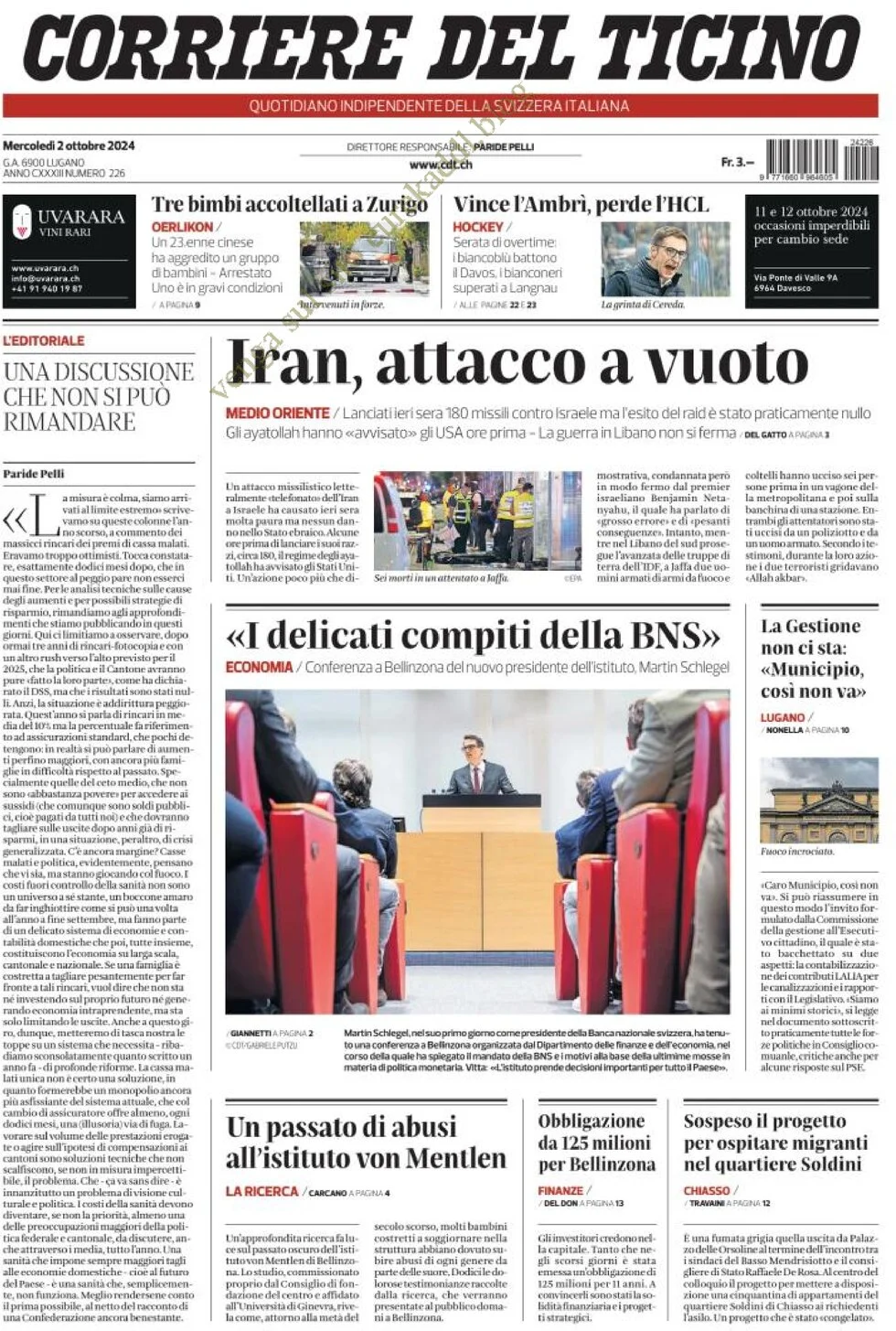 anteprima della prima pagina di corriere-del-ticino del 02/10/2024